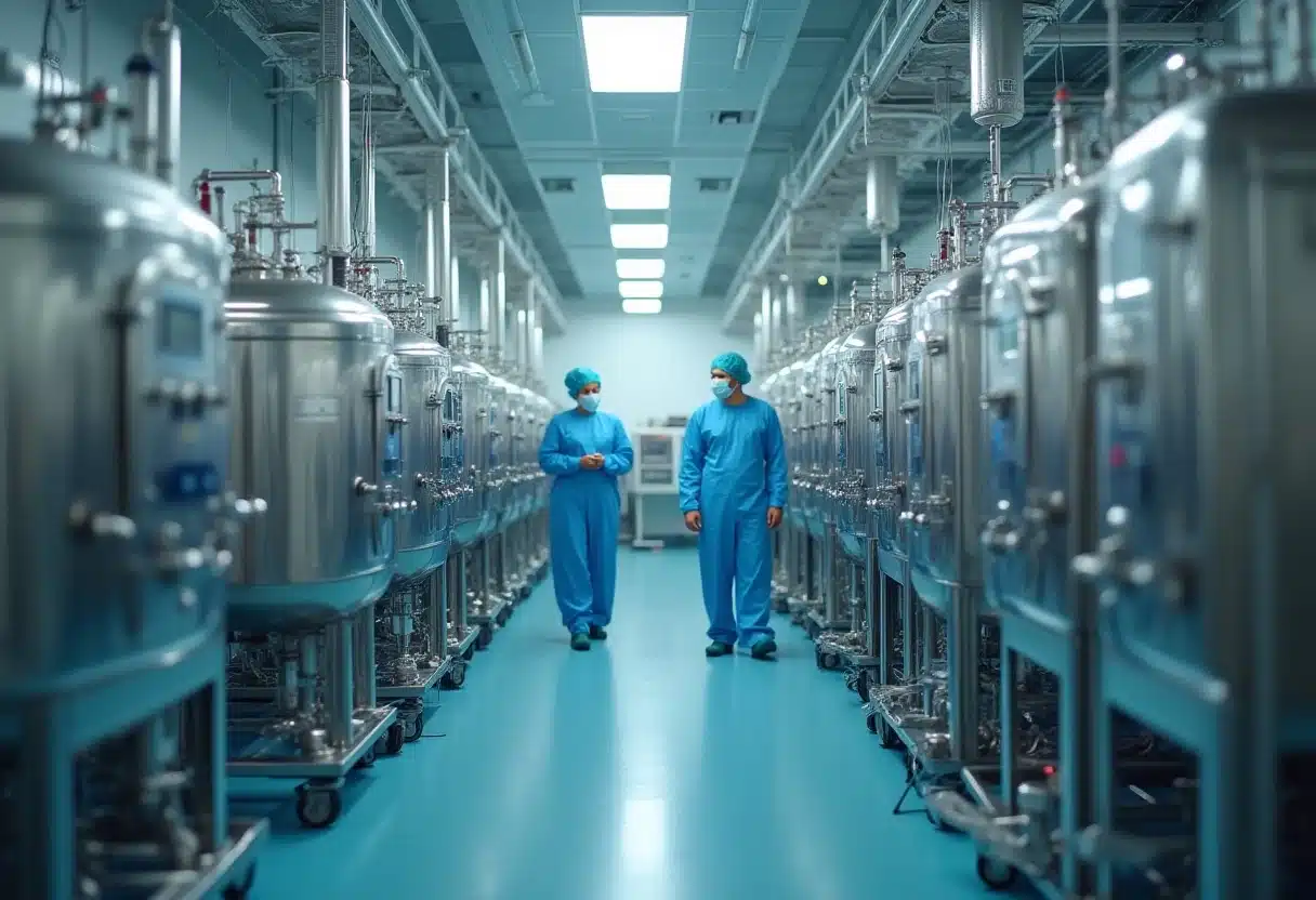 Two scientists walking through a biomanufacturing facility equipped for large-scale cell therapy production and cancer immunotherapy development in Canada.