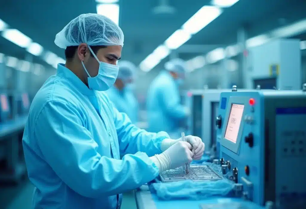 Scientist in protective gear conducting cancer immunology research in a sterile lab, supporting BioCanRx’s mission of clinical translation and innovation.